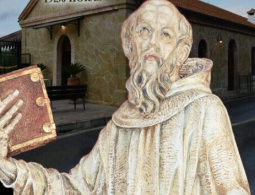 Cartel anunciador de la próxima salida el 20 de agosto en la cual tendremos el honor de acompañar musicalmente a San Bernardo Abad, patrón de la Barriada de la Estación de San Roque.